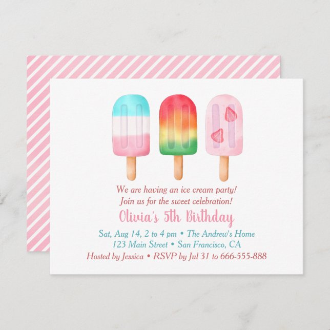 Sweet Summer Girls Birthday, Ice Cream Party Inbjudningar (Fram/baksida)