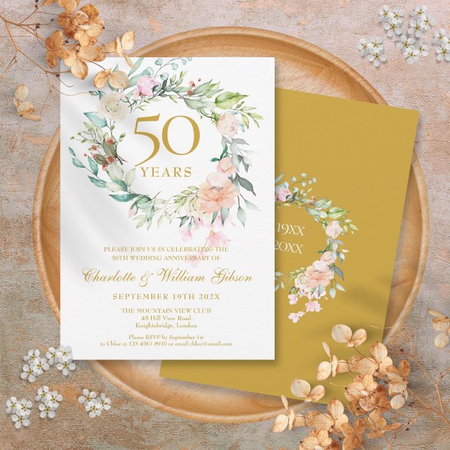 Sweet Summer Ro Garland 50-årsdagen Inbjudningar (Sweet Summer Roses Garland 50th Anniversary Invitation)