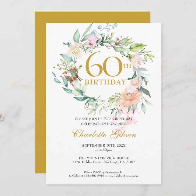 Sweet Summer Ro Garland Monogram 60 födelsedagar Inbjudningar (Fram/baksida)