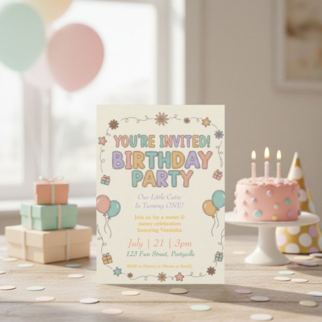 Sweet & Sunny Retro Felt Letters 1st Birthday Inbjudningar (Skapare uppladdad)