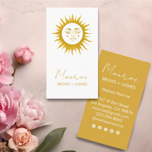 Sweet Sunshine Boho Golden Elegant Social Icons Visitkort (Sweet sunshine decorates these custom golden business cards. Add your own text and edit social icons)