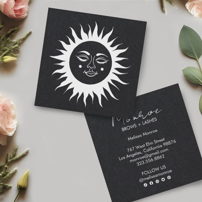 Sweet Sunshine Boho Line Art Grått Social Media Fyrkantigt Visitkort (White line art sun on a luxurious deep gray/black paper. Add your own details to make it shine!)
