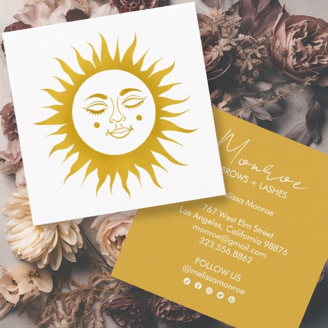 Sweet Sunshine Boho Line Art Guld Social Media Fyrkantigt Visitkort (Sweet sunshine decorates this custom golden business card. Add your own text, change font, edit icon)