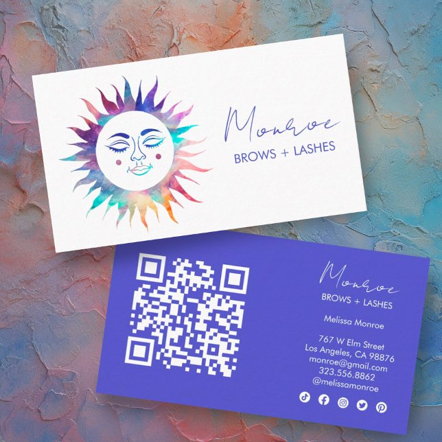 Sweet Sunshine Rainbow Boho Elegant Social Icon QR Visitkort (Sunshine rainbow custom business cards, qr code and social media icons)