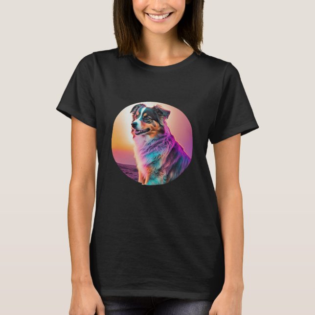 Sweet Synthwave Australian Shepherd with 80s Twist T Shirt (Framsida)