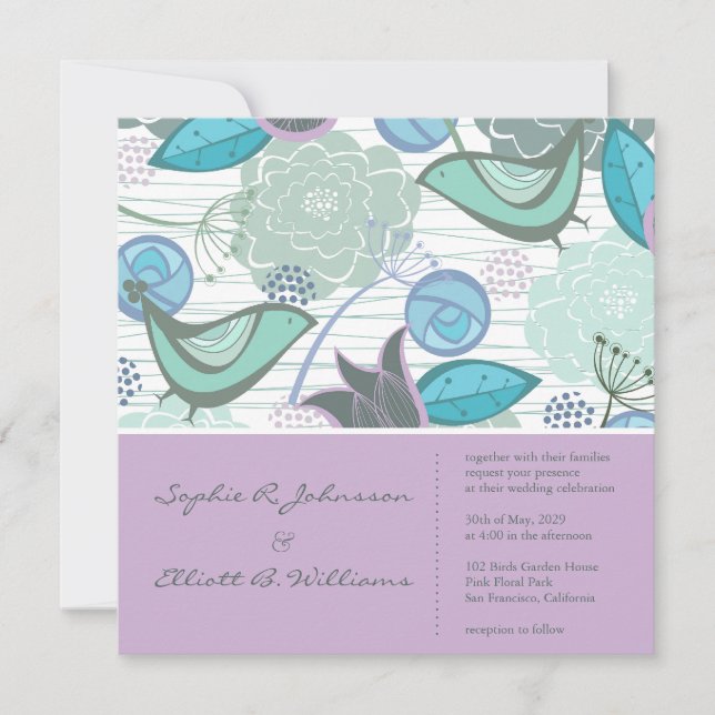 Sweet Teal Birds Blommigt Garden Wedding bjudande Inbjudningar (Framsida)