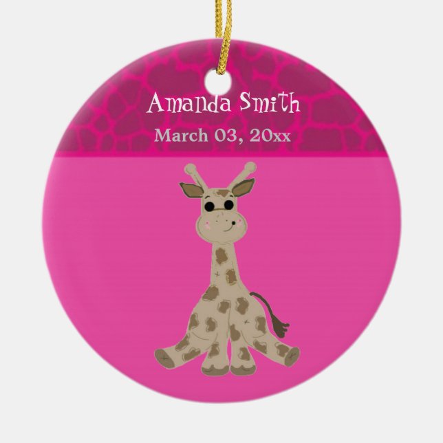 Sweet Tecknad Giraffe Baby Announcement Julgransprydnad Keramik (Framsidan)