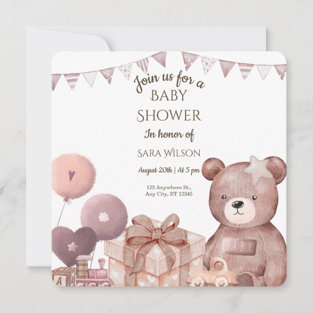 Sweet Teddy Bear Baby Shower Invitation Inbjudningar (Framsida)