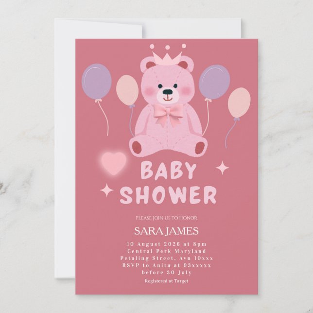 Sweet Teddy Bear Baby Shower Invitation Inbjudningar (Framsida)