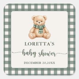 Sweet Teddy Bear Green Plaid Baby Shower Favor Fyrkantigt Klistermärke