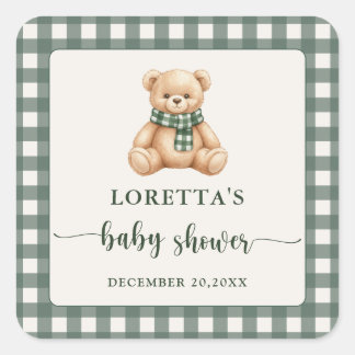 Sweet Teddy Bear Green Plaid Baby Shower Favor Fyrkantigt Klistermärke