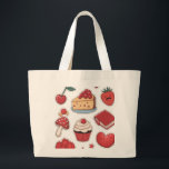 Sweet Tooth Dessert Pattern Tote Bag  Jumbo Tygkasse<br><div class="desc">Desserts galore! A cute and whimsical design featuring various red-themed illustrations like a cherry,  cake slice,  strawberry,  mushroom,  cupcake,  and a book. Perfect for shopping or everyday use.</div>