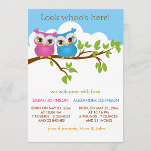 Sweet Twillingars Uggla Flicka Boy Birth Announcem Meddelande