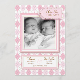 Sweet Twin Girl Argyle Photo Birth Announcement Meddelande