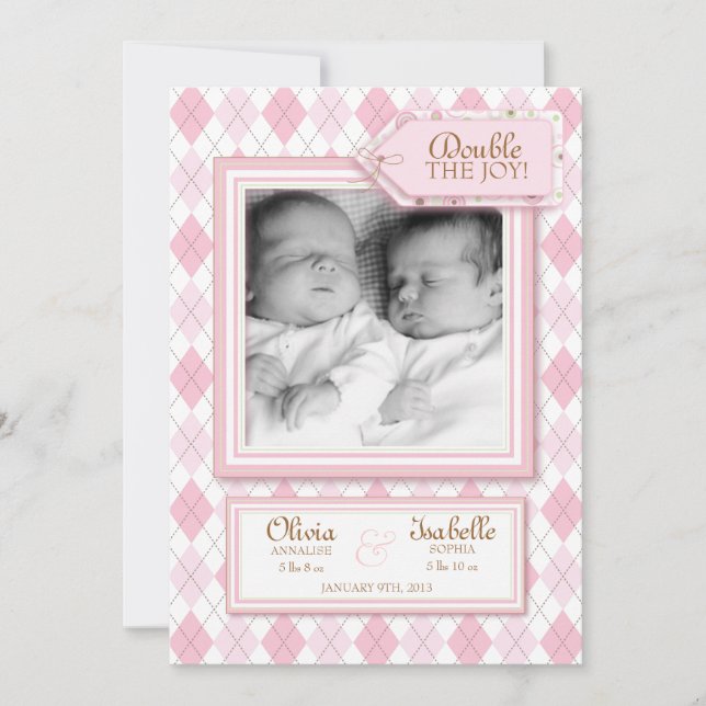 Sweet Twin Girl Argyle Photo Birth Announcement Meddelande (Framsida)