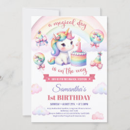 Sweet Unicorn Watercolor Rosa Girl 1 Birthday Inbjudningar