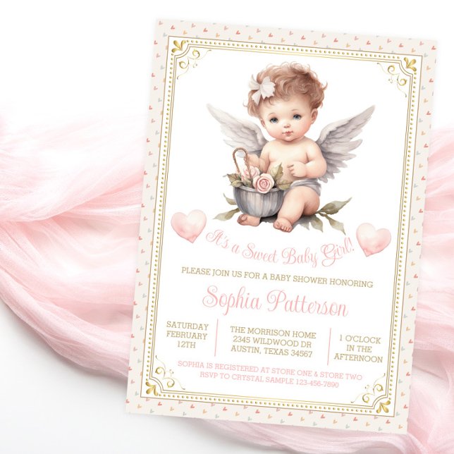 Sweet Valentine Cherub Baby Shower Inbjudningar (Sweet baby shower invitation with adorable baby girl cherub on a pretty heart background.)