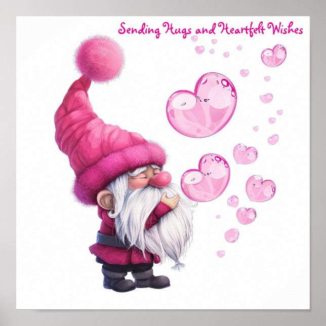 Sweet Valentine Gnome med Flytande hjärtbubblor Poster (Framsidan)