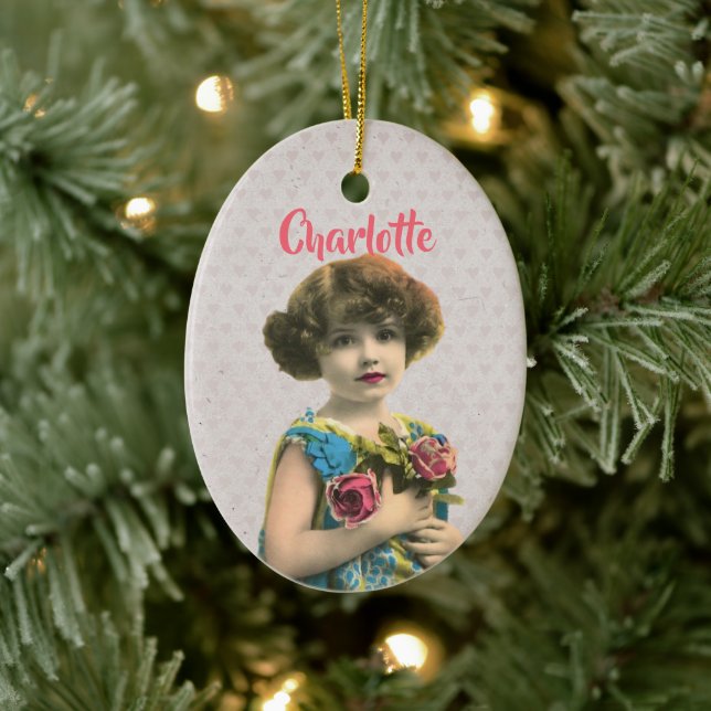 Sweet Vintage Girl with Flowers Personlig Julgransprydnad Keramik (Träd)