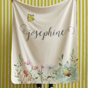 Sweet Watercolor Blommigt Butterfly Girl Anpassnin Fleecefilt