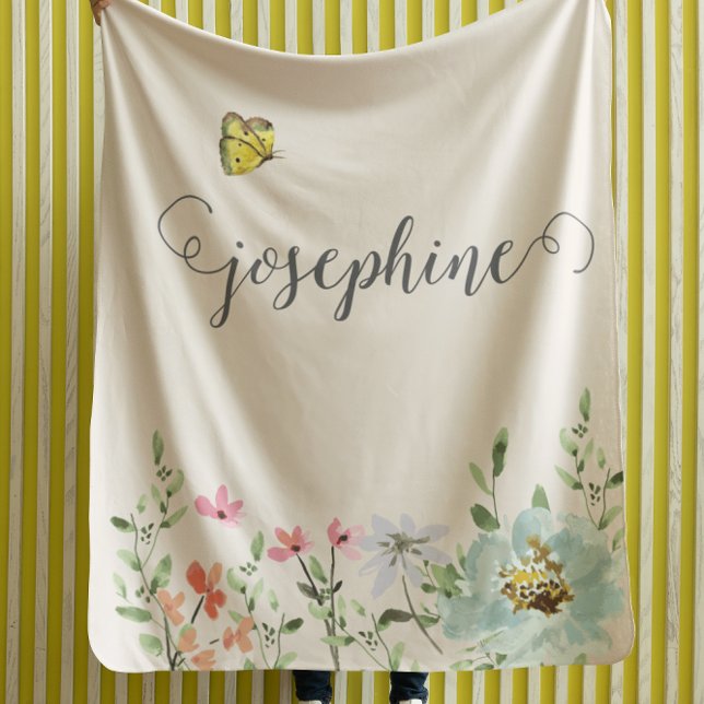 Sweet Watercolor Blommigt Butterfly Girl Anpassnin Fleecefilt (Baby girl floral personalized blanket.)