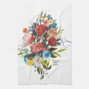Sweet Watercolor Bouquet White Anpassade Kökshandduk