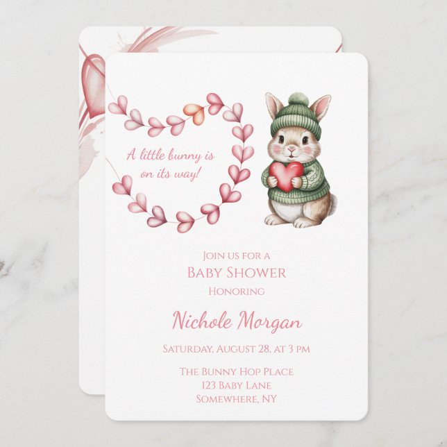 Sweet Watercolor Bunny Baby Shower  Inbjudningar (Fram/baksida)