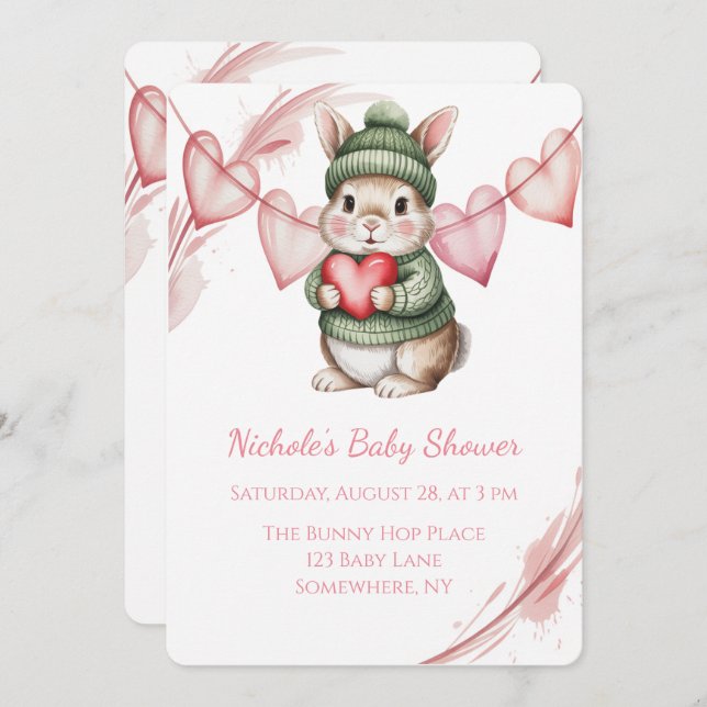 Sweet Watercolor Bunny Baby Shower  Inbjudningar (Fram/baksida)