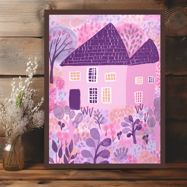 Sweet Watercolor House Garden Illustration Poster (Sweet Watercolor House Garden Illustration Poster
Wall Art Pink Purple)