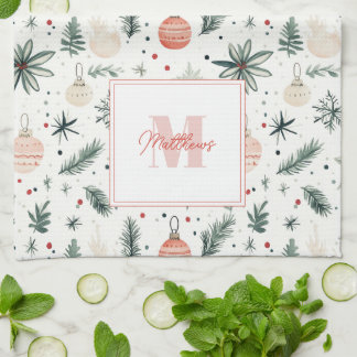 Sweet Watercolor jul Greenery Monogrammed Kökshandduk