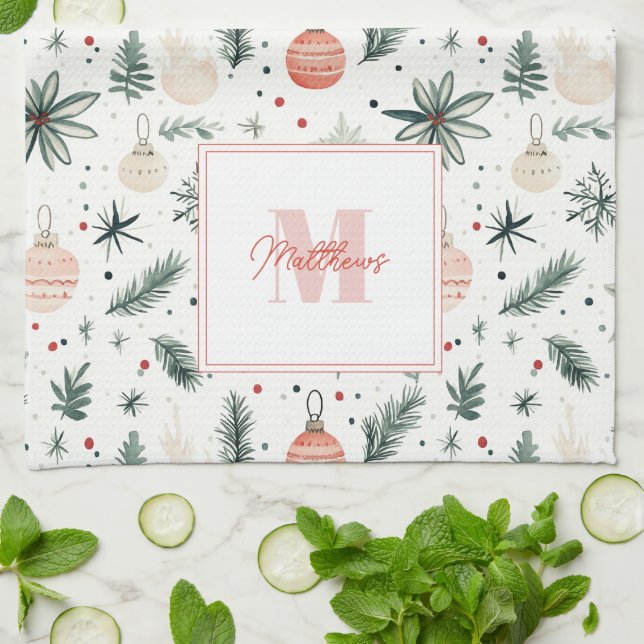 Sweet Watercolor jul Greenery Monogrammed Kökshandduk (Vikta)