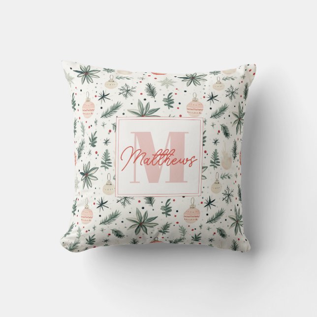 Sweet Watercolor jul Greenery Monogrammed Kudde (Framsida)