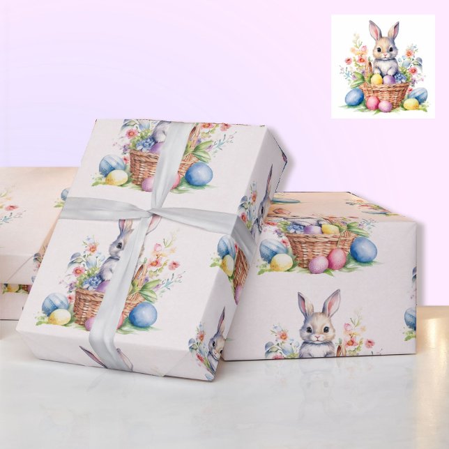 Sweet Watercolor Påskhare Basket Eggs Gift Presentpapper (Skapare uppladdad)