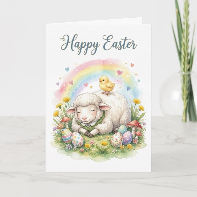 Sweet Watercolor Sheep Easter Card Kort (Framsida)