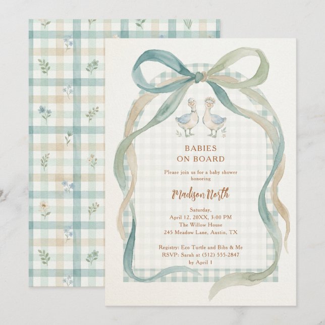 Sweet Watercolor Twins Geese Gingham Shower LPM26 Inbjudningar (Fram/baksida)