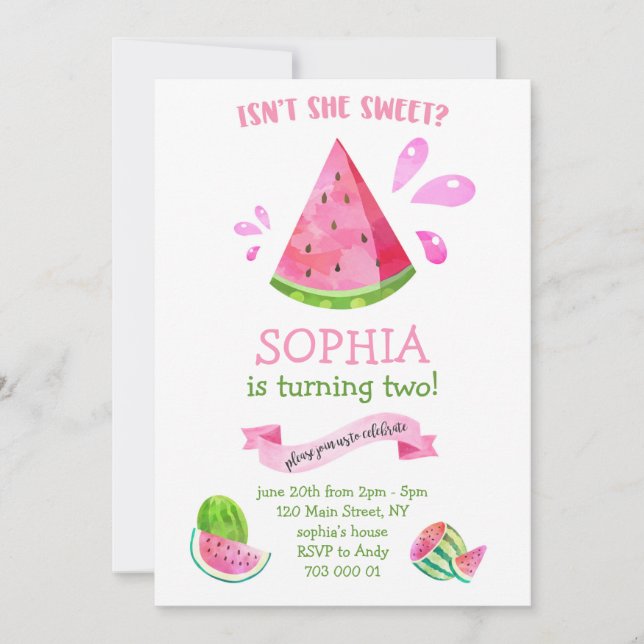 Sweet Watermelon Summer Birthday Girl Party Inbjudningar (Framsida)