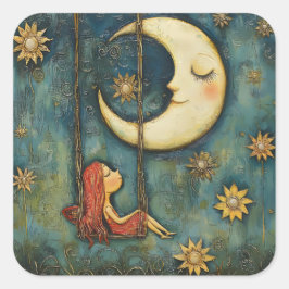 Sweet Whimsical Girl på en swing och Celestial Mån Fyrkantigt Klistermärke