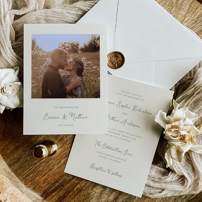 Sweet Whimsical Ivory and Sage Grönt Photo Bröllop Inbjudningar (An elegant ivory cream wedding invitation with sage green text and your photo)