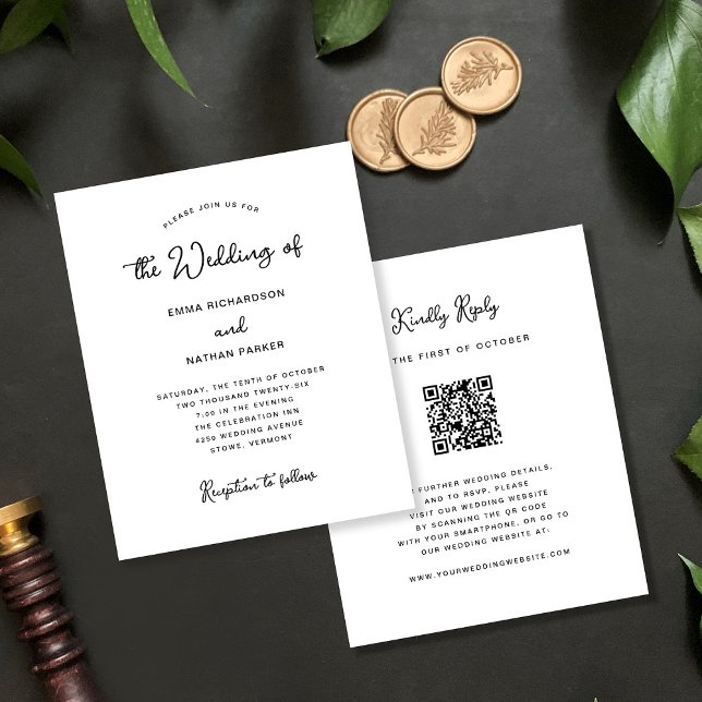 Sweet Whimsical | QR-kod OSA budget Bröllop (An elegant, black and white budget wedding invitation with scannable QR code to rsvp)
