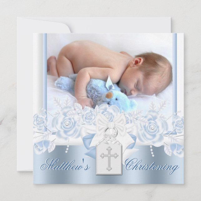 Sweet White och Baby blue Christening Inbjudningar (Framsida)