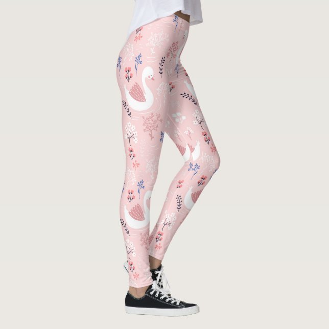 Sweet White Swans On Pastel Pink Floral Ballet Leggings (Höger)