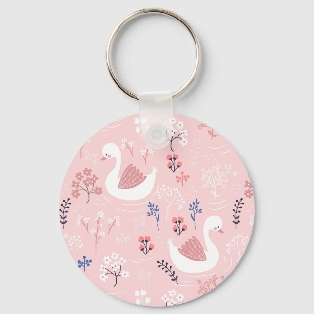 Sweet White Swans On Pastel Pink Floral Ballet Nyckelring (Framsida)