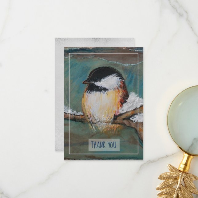 Sweet Winter Chickadee Bird Painting Tack Kort (Fram/Back In Situ)