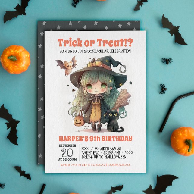 Sweet Witch Halloween Födelsedagsfest inbjudan (Step into a world of enchantment with our spooktacular Halloween birthday party invitation! )