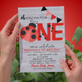 Sweet Wood Watercolor Ladybug 1st Birthday Party Inbjudningar