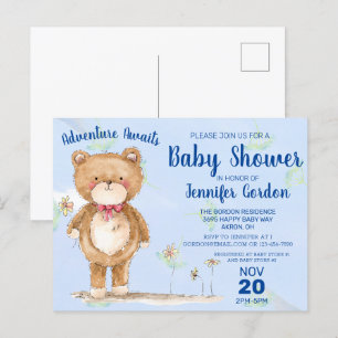 Sweet Woodland Bear Blue Boy Shower Inbjudan Vykort