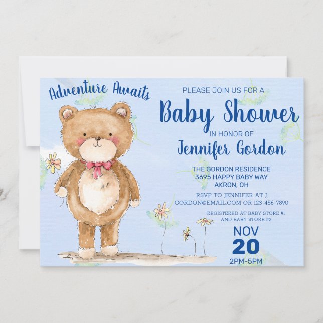 Sweet Woodland Bear Blue Boy Shower Inbjudningar (Framsida)