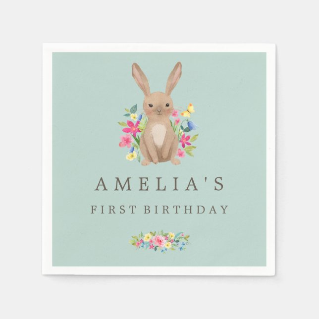 Sweet Woodland Bunny First Birthday Napkin Pappersservett (Framsidan)
