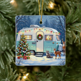 Sweet Woodland Camper Winter Scene Christmas Julgransprydnad Keramik