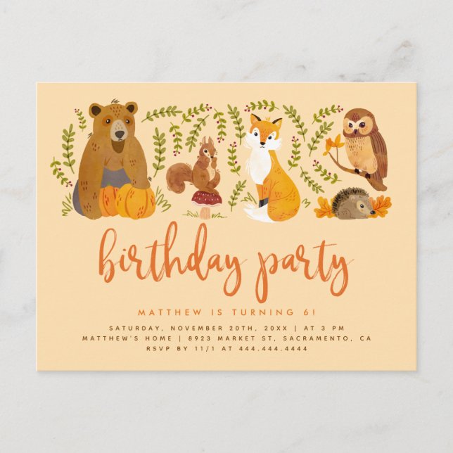 Sweet Woodland Forest Animals Pumpkin Birthday Inbjudan Vykort (Framsida)